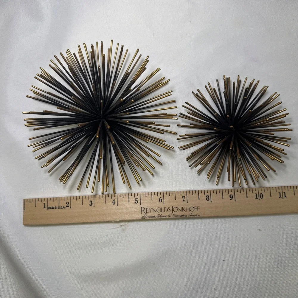 Set of 2 Metal Sea Urchin Starburst Wall Art Gold Black MCM Atomic Decor 6